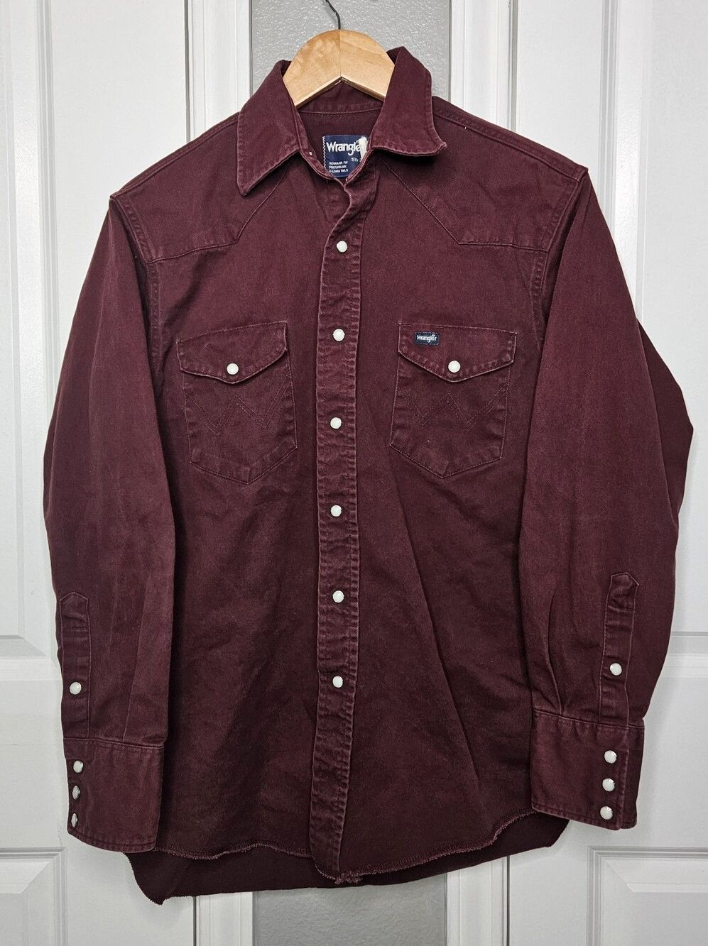 VTG Wrangler Brushpopper Shirt Men's 15.5 - 33 Burgundy Pearl Snap Western 90s